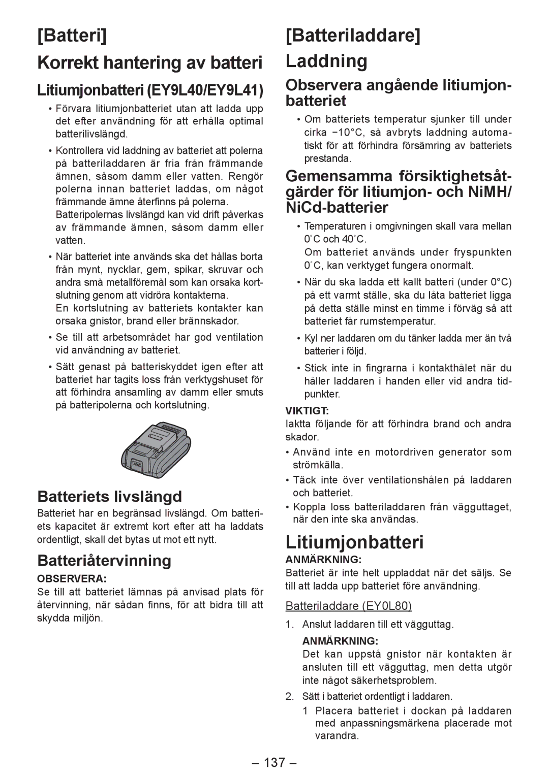 Panasonic EY4542 manual Batteriladdare Laddning, Litiumjonbatteri 