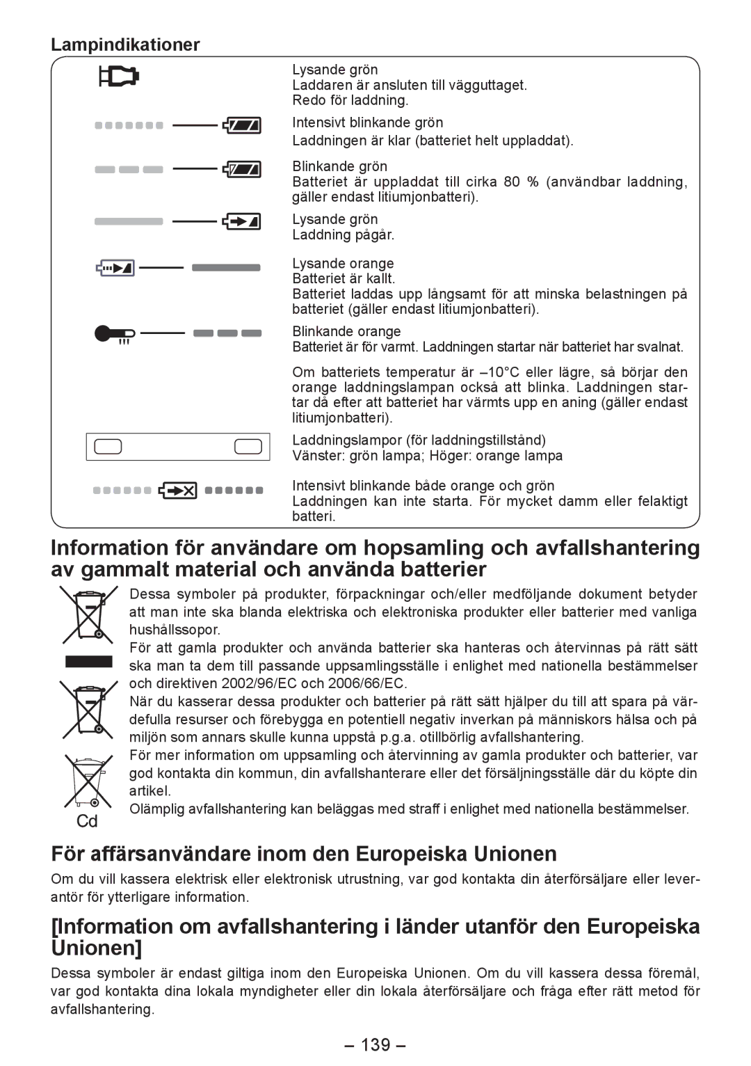 Panasonic EY4542 manual För affärsanvändare inom den Europeiska Unionen, Lampindikationer, 139 