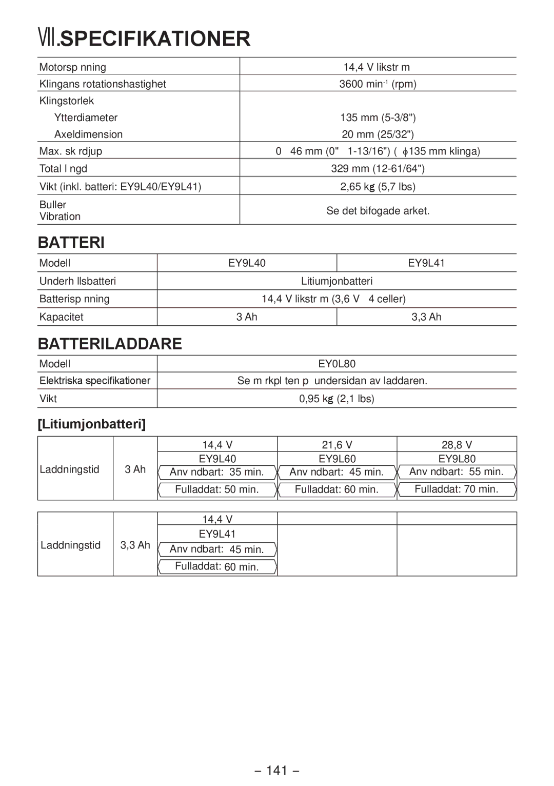 Panasonic EY4542 manual Litiumjonbatteri, 141 