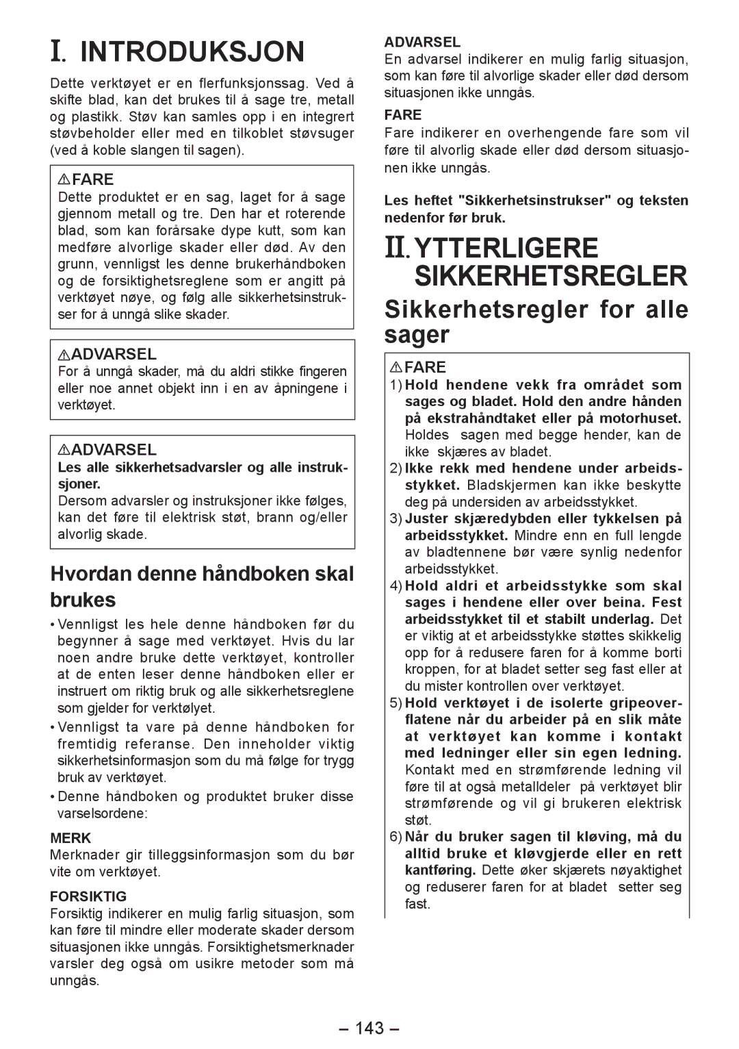 Panasonic EY4542 manual Introduksjon, II. Ytterligere Sikkerhetsregler, Sikkerhetsregler for alle sager, 143 