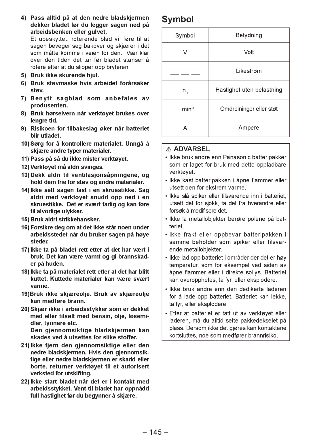 Panasonic EY4542 manual 145, Likestrøm, Hastighet uten belastning 