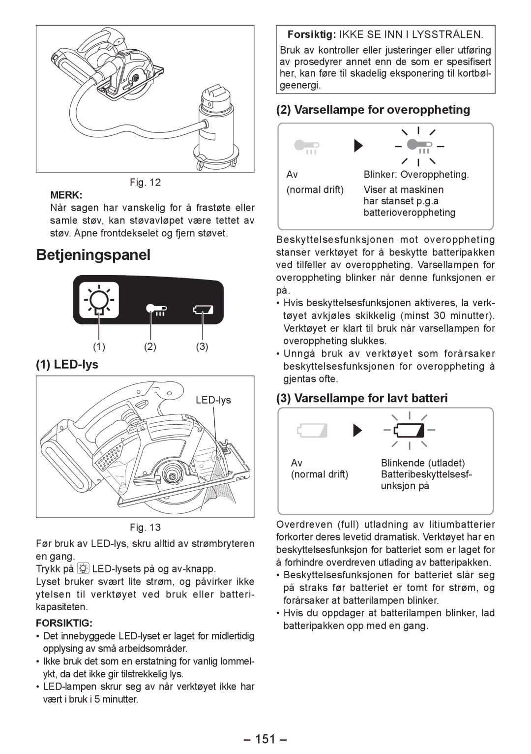 Panasonic EY4542 manual Betjeningspanel, Varsellampe for overoppheting, Varsellampe for lavt batteri, 151 