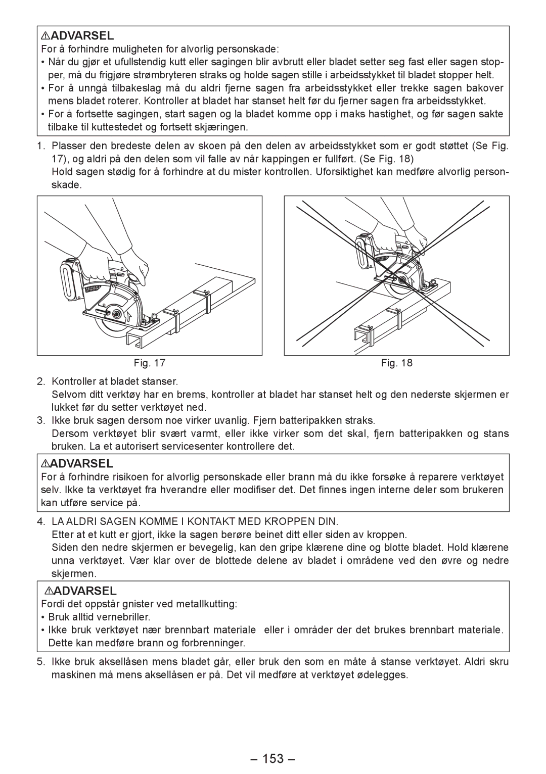 Panasonic EY4542 manual 153, For å forhindre muligheten for alvorlig personskade 