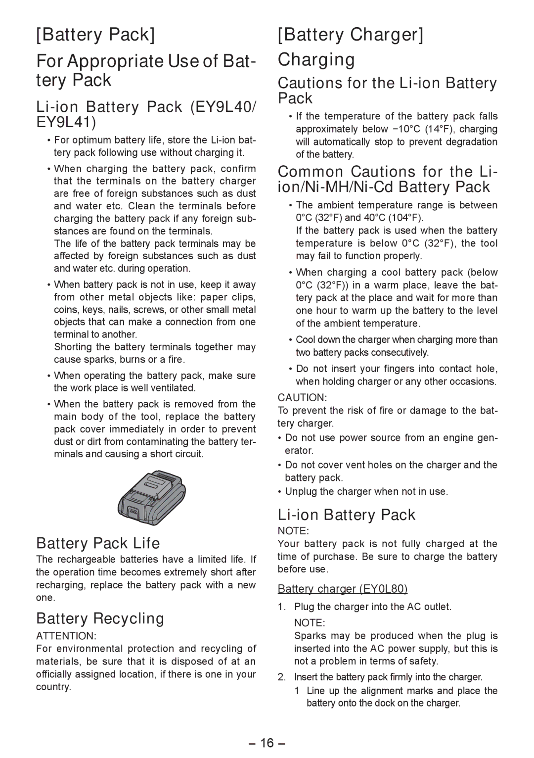 Panasonic EY4542 manual Battery Pack For Appropriate Use of Bat­ tery Pack, Battery Charger Charging 