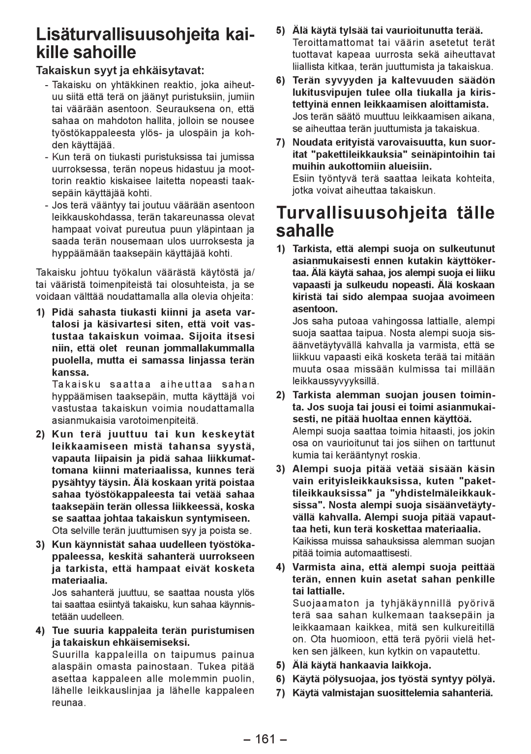 Panasonic EY4542 manual Lisäturvallisuusohjeita kai- kille sahoille, Turvallisuusohjeita tälle sahalle, 161 