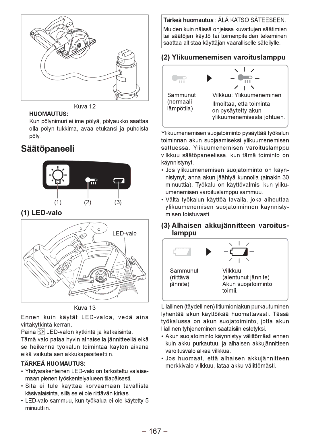 Panasonic EY4542 Säätöpaneeli, LED-valo, Ylikuumenemisen varoituslamppu, Alhaisen akkujännitteen varoitus­ lamppu, 167 