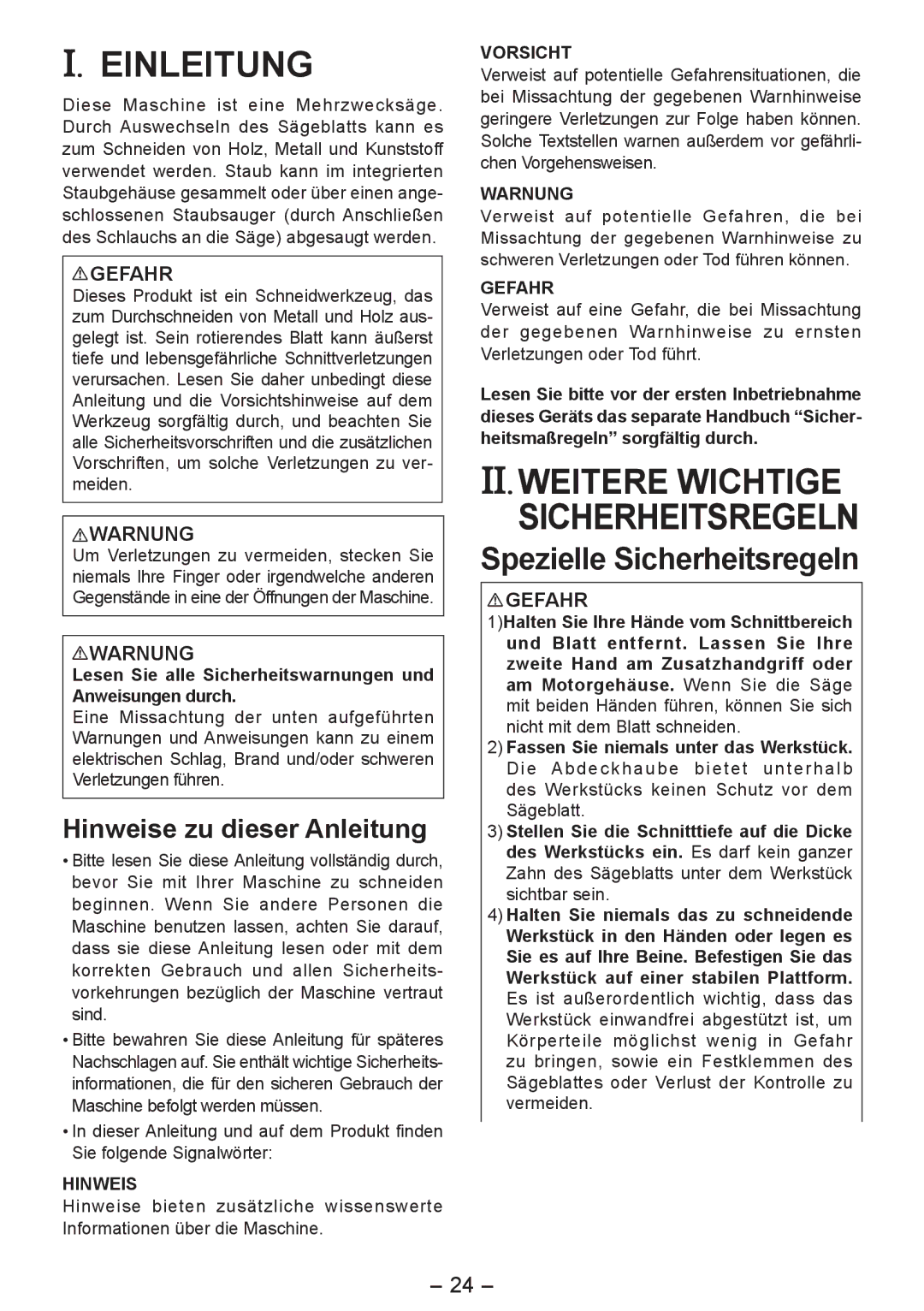 Panasonic EY4542 manual Einleitung, II. Weitere Wichtige Sicherheitsregeln, Spezielle Sicherheitsregeln 