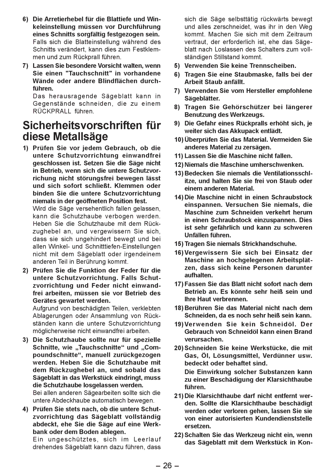 Panasonic EY4542 manual Sicherheitsvorschriften für diese Metallsäge 