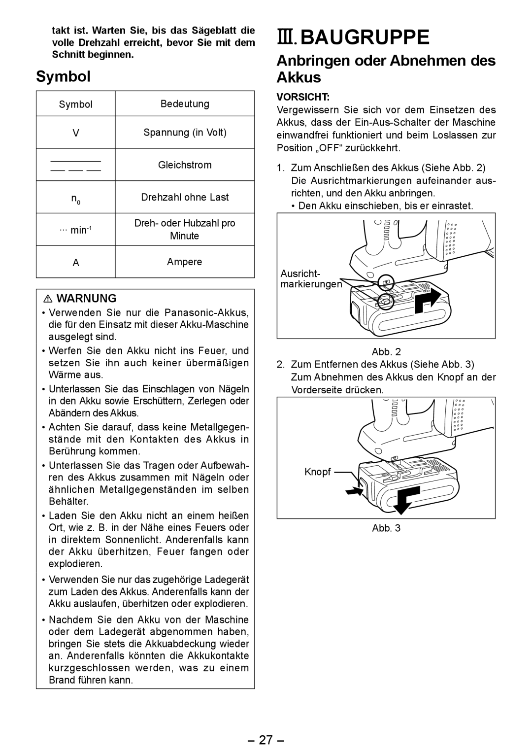 Panasonic EY4542 manual III. Baugruppe, Anbringen oder Abnehmen des Akkus, Symbol, Spannung in Volt Gleichstrom, Minute 