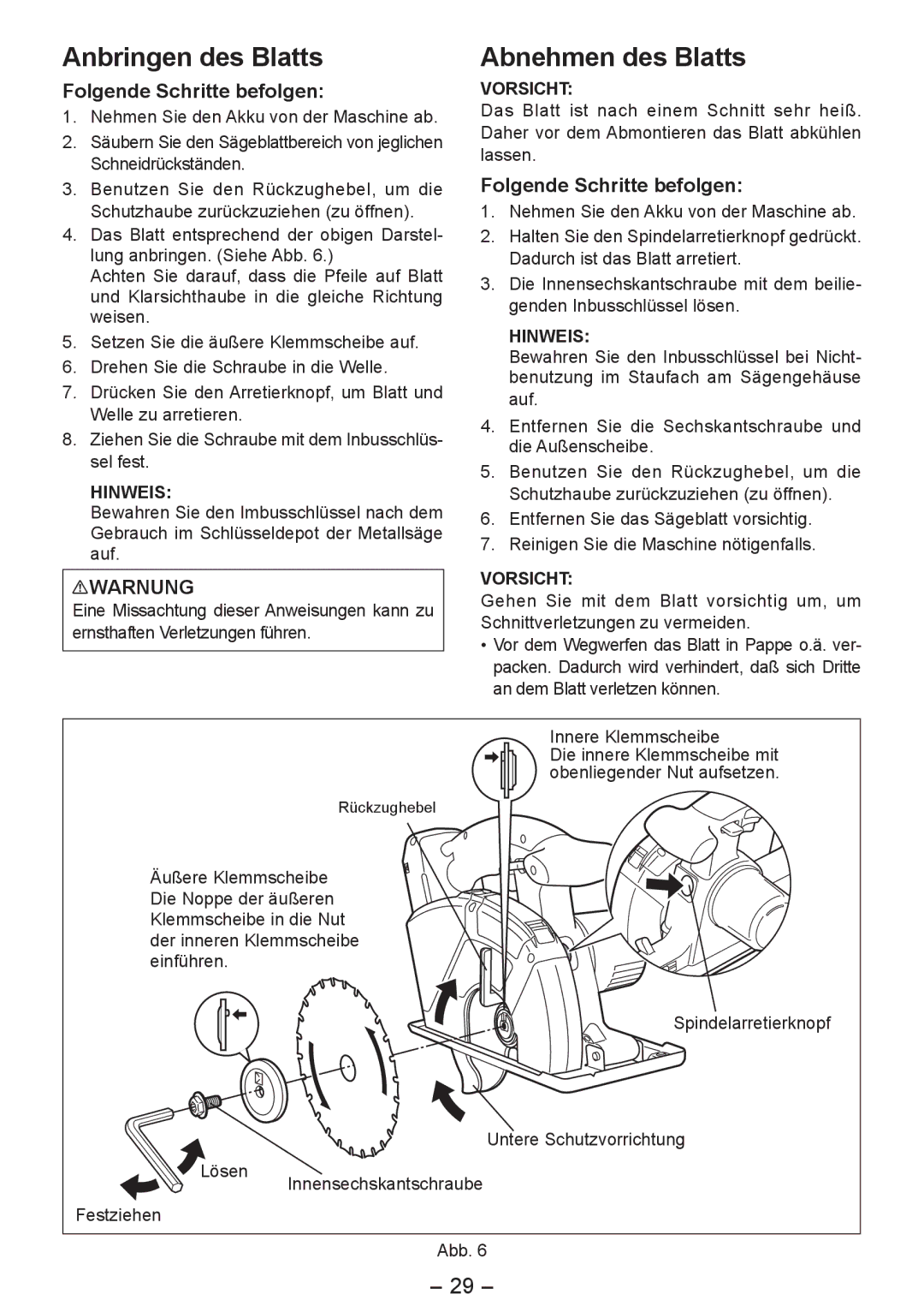 Panasonic EY4542 manual Anbringen des Blatts, Abnehmen des Blatts, Folgende Schritte befolgen 