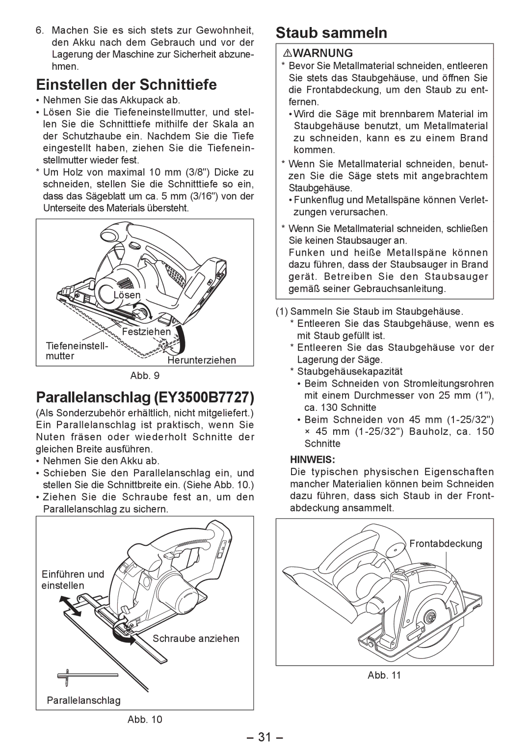 Panasonic EY4542 manual Einstellen der Schnittiefe, Parallelanschlag EY3500B7727, Staub sammeln 