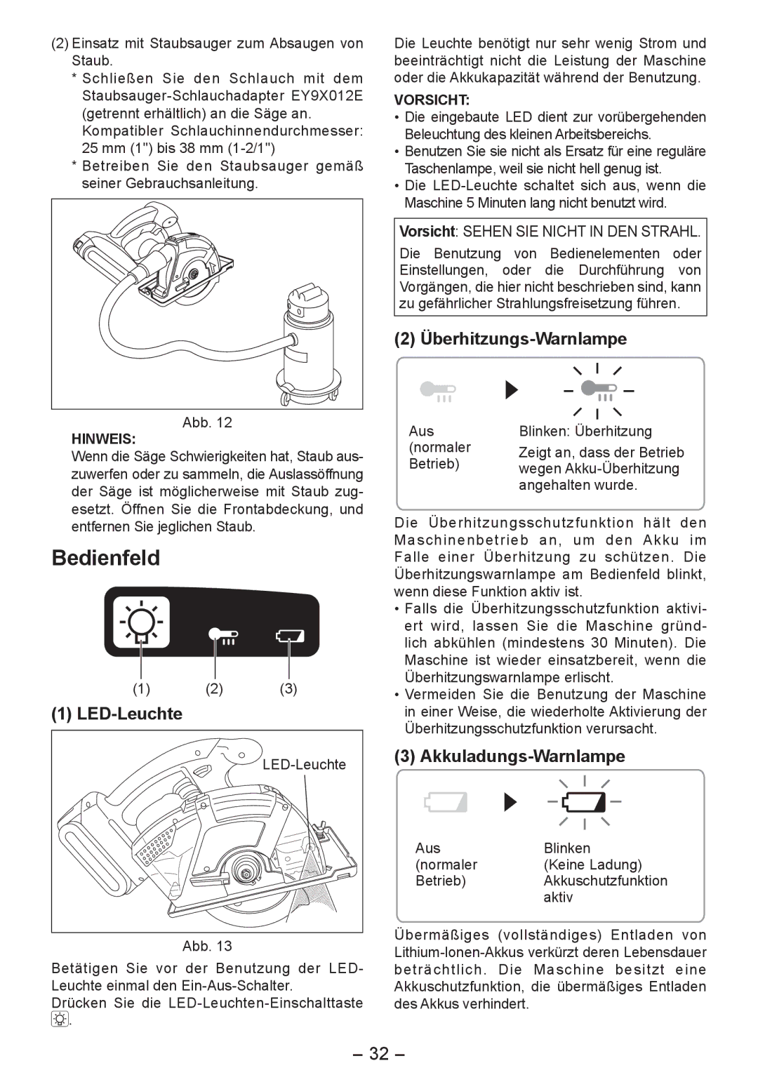 Panasonic EY4542 manual Bedienfeld, Überhitzungs-Warnlampe, LED-Leuchte, Akkuladungs-Warnlampe 