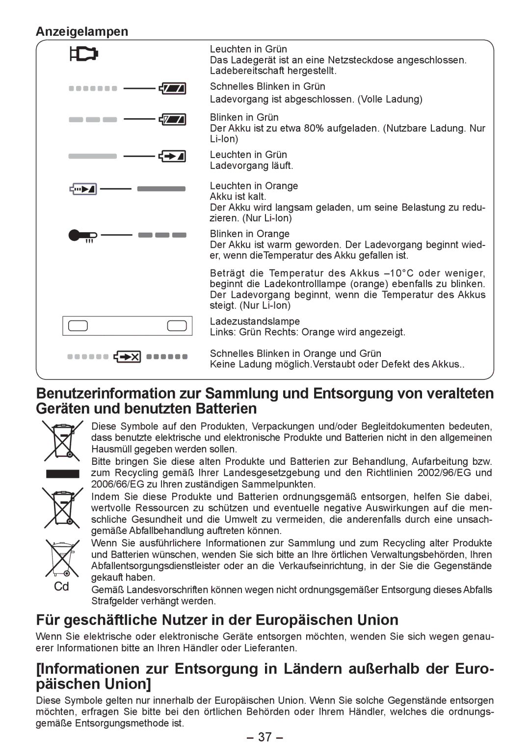 Panasonic EY4542 manual Für geschäftliche Nutzer in der Europäischen Union, Anzeigelampen 