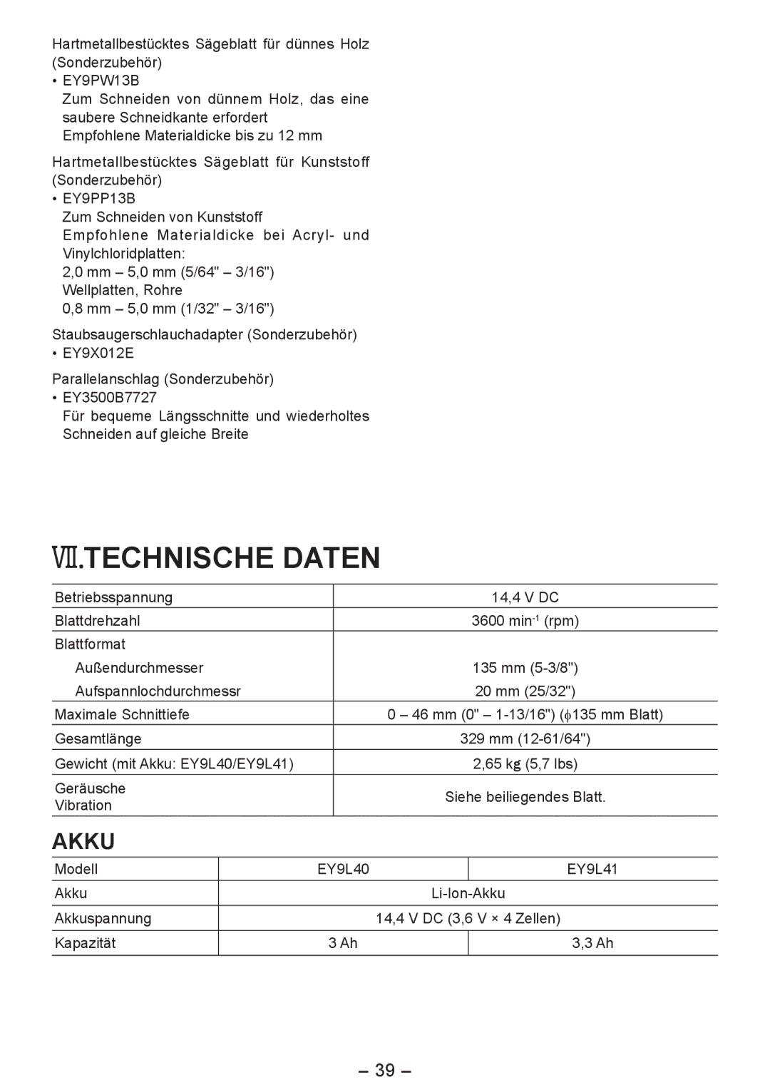 Panasonic EY4542 manual VII.TECHNISCHE Daten 