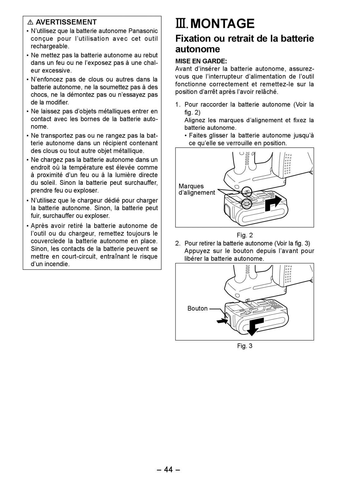 Panasonic EY4542 manual III. Montage, Fixation ou retrait de la batterie autonome 