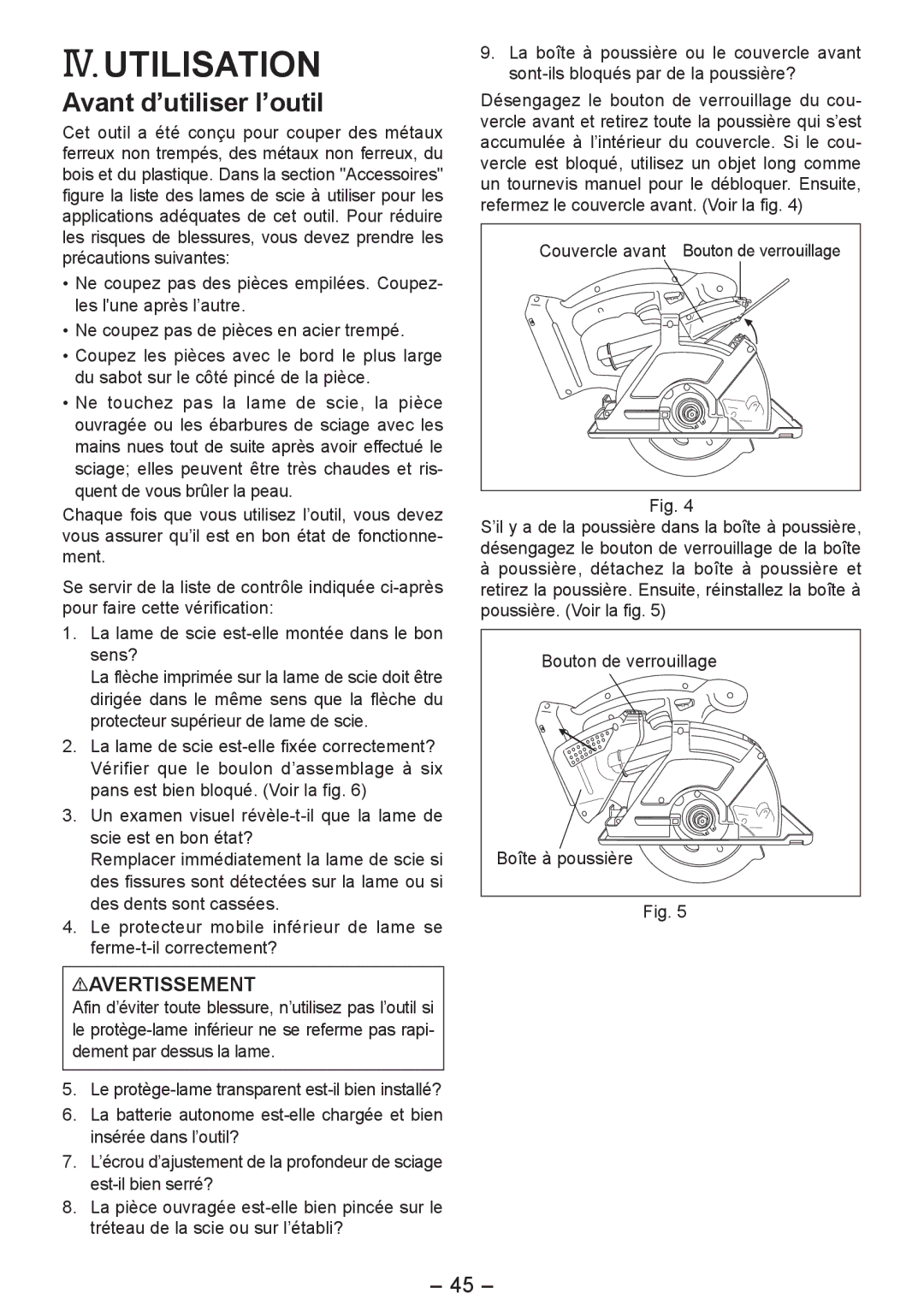 Panasonic EY4542 manual IV. Utilisation, Avant d’utiliser l’outil, Couvercle avant Bouton de verrouillage 