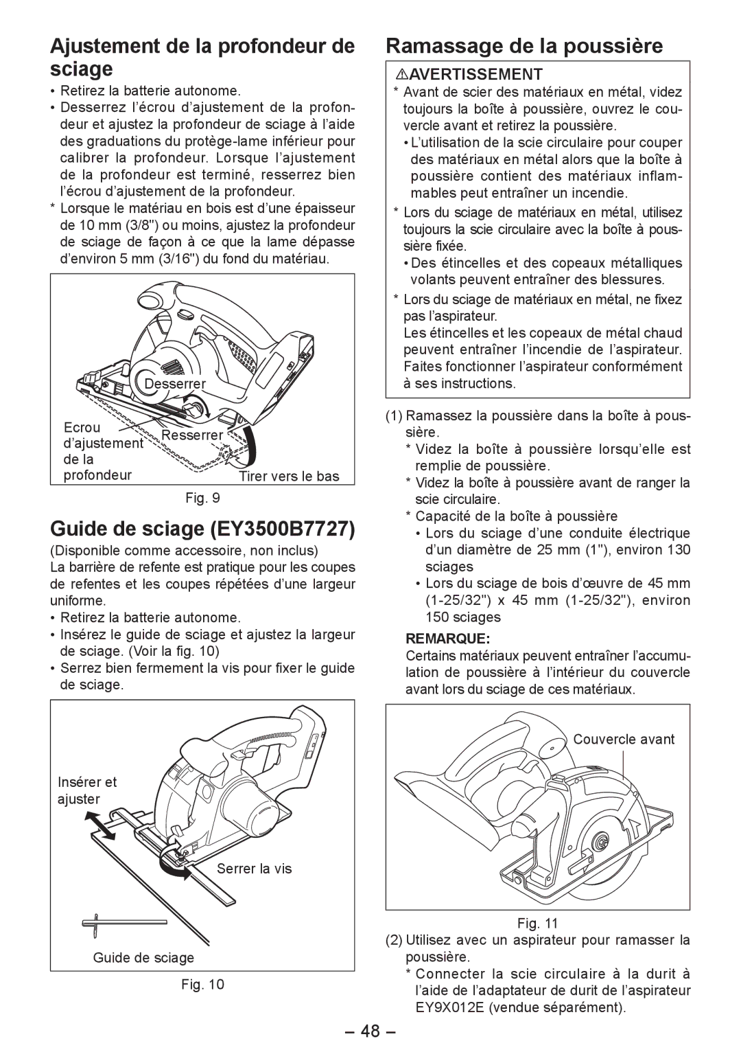 Panasonic EY4542 manual Ajustement de la profondeur de sciage, Guide de sciage EY3500B7727, Ramassage de la poussière 