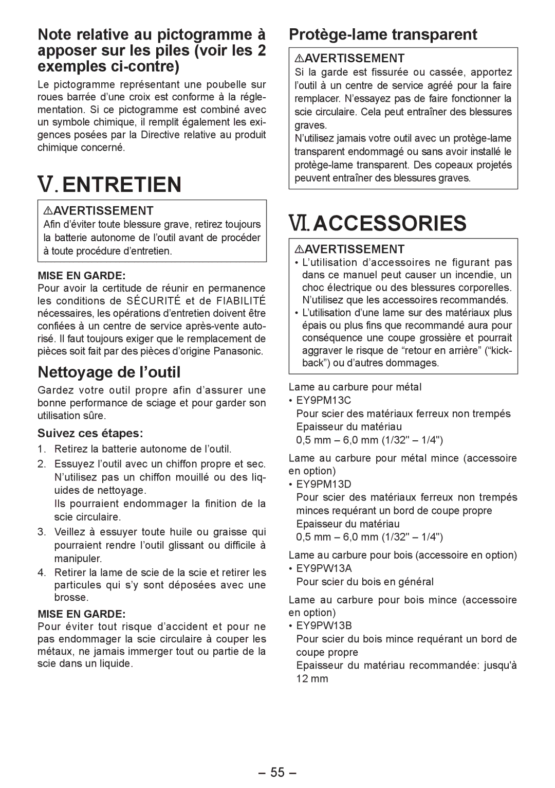 Panasonic EY4542 manual Entretien, Nettoyage de l’outil, Protège-lame transparent 