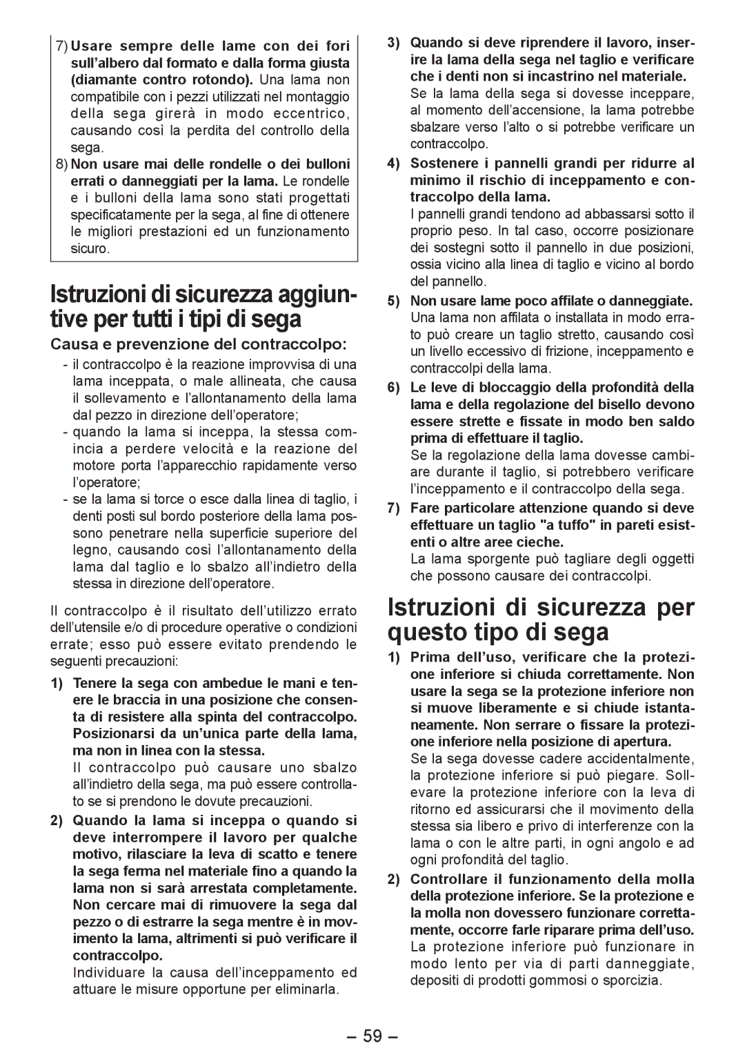 Panasonic EY4542 manual Istruzioni di sicurezza per questo tipo di sega, Causa e prevenzione del contraccolpo 