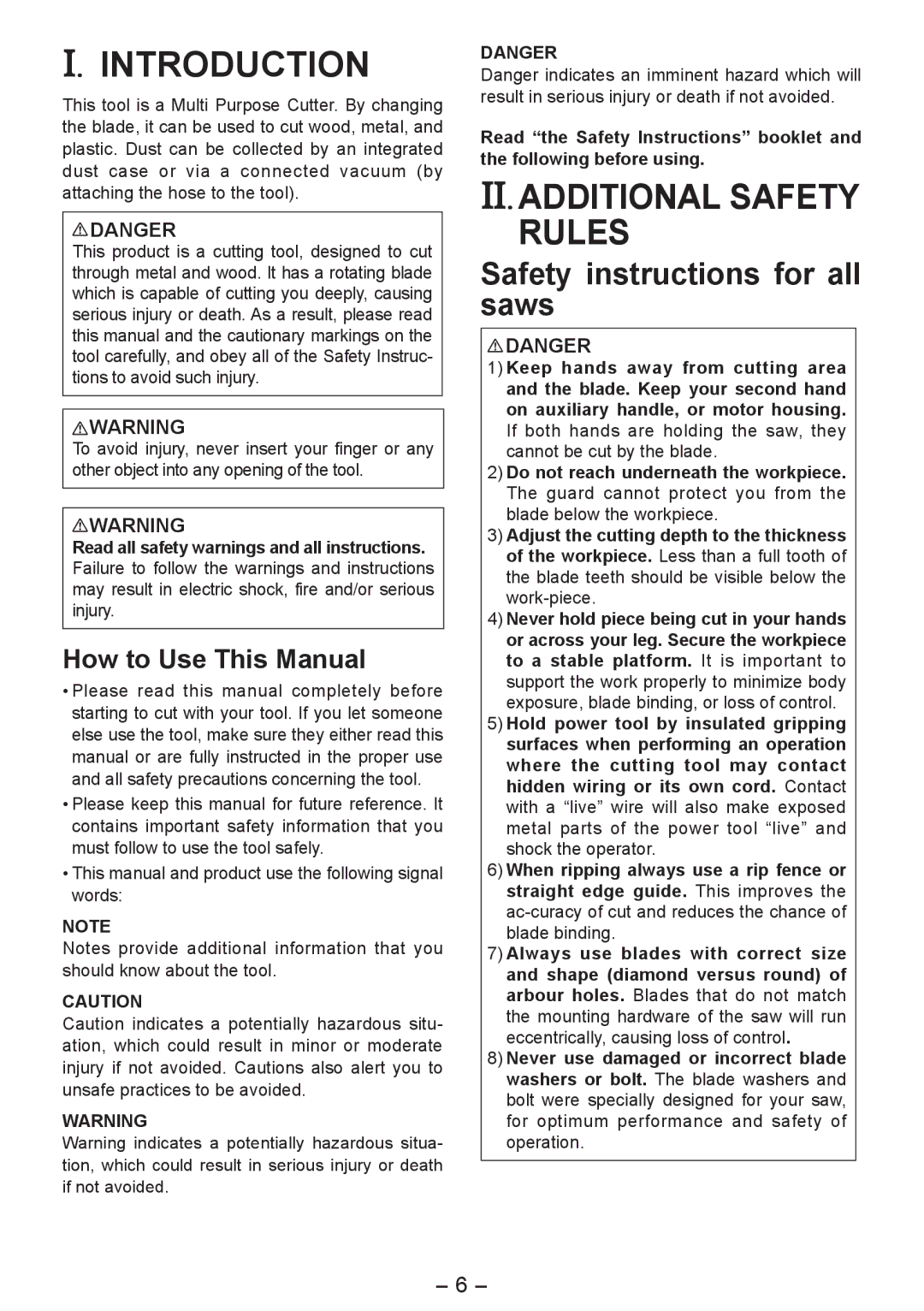 Panasonic EY4542 manual Introduction, II. Additional Safety Rules, Safety instructions for all saws, How to Use This Manual 