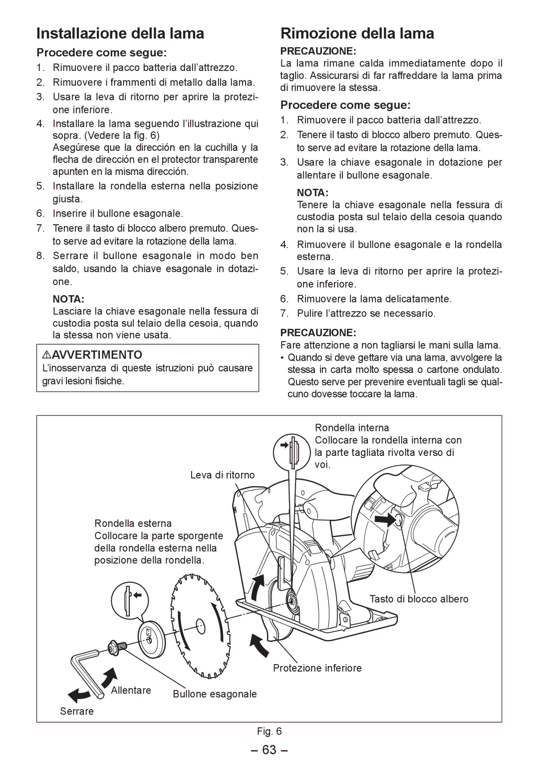 Panasonic EY4542 manual Installazione della lama, Rimozione della lama, Procedere come segue 