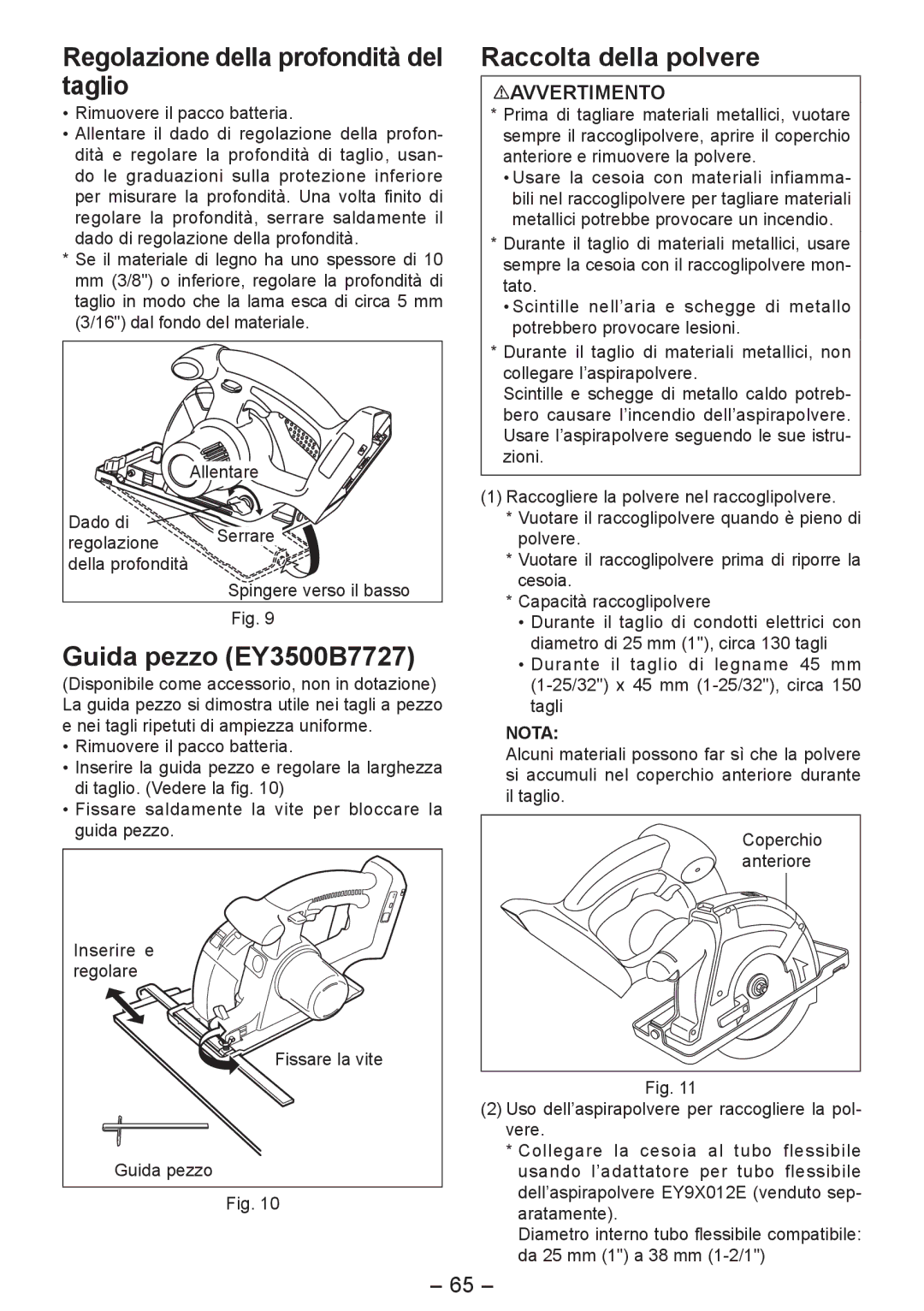 Panasonic EY4542 manual Regolazione della profondità del taglio, Guida pezzo EY3500B7727, Raccolta della polvere 