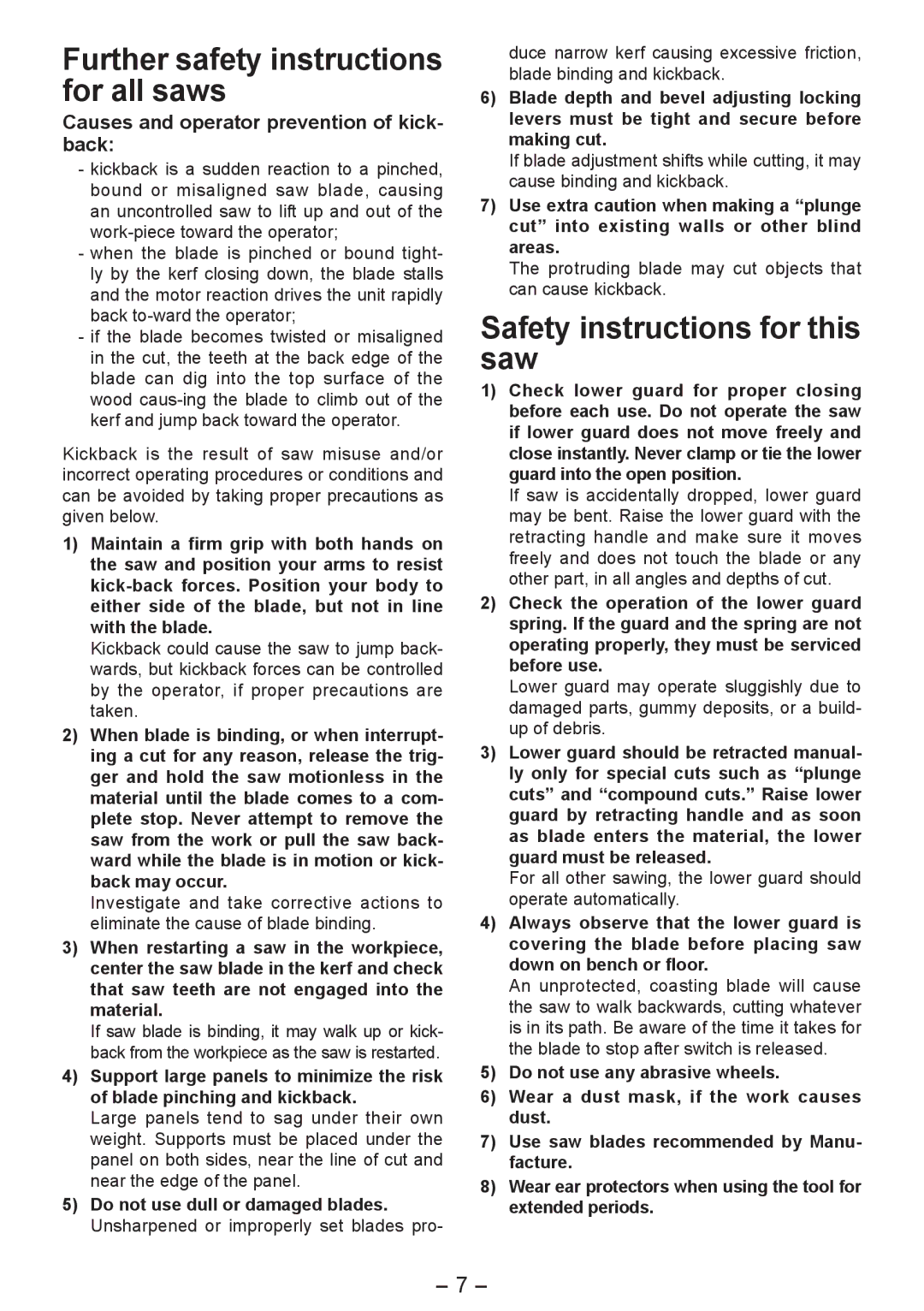 Panasonic EY4542 manual Further safety instructions for all saws, Safety instructions for this saw 