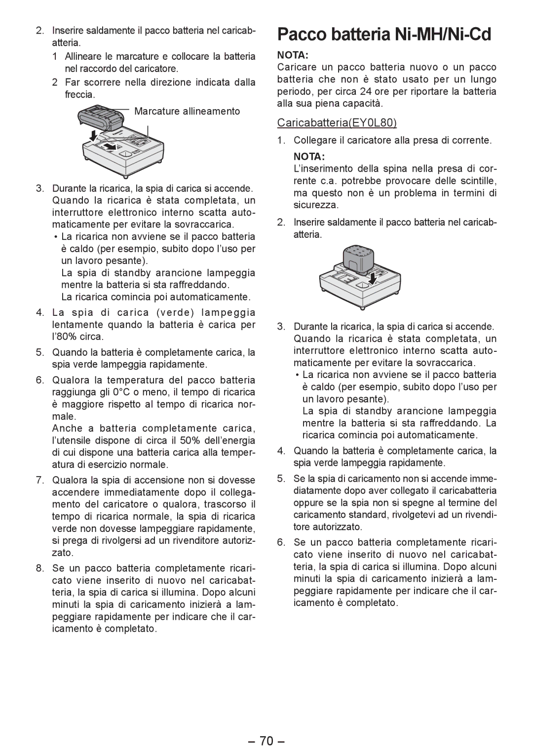 Panasonic EY4542 manual Pacco batteria Ni-MH/Ni-Cd, CaricabatteriaEY0L80 