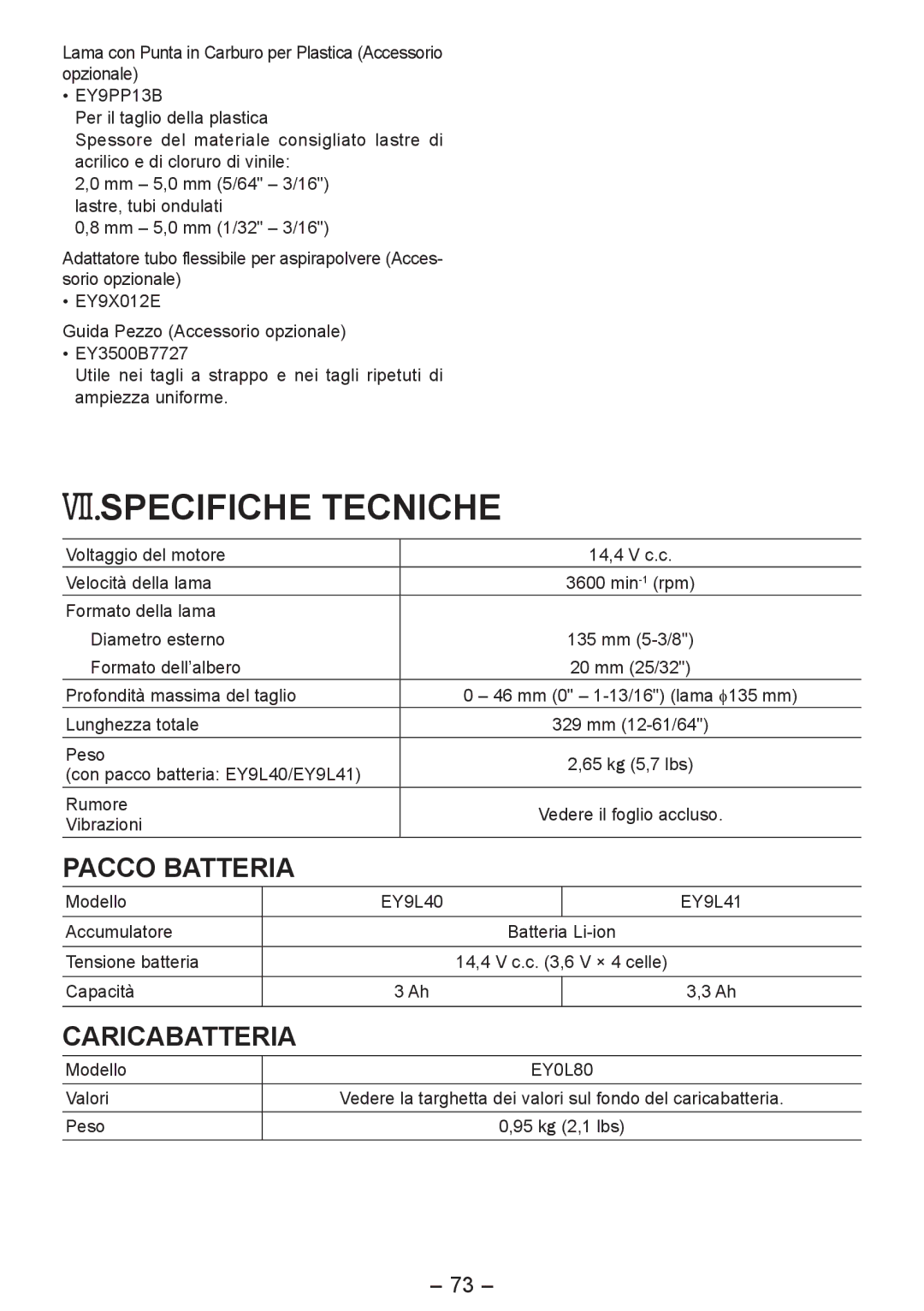 Panasonic EY4542 manual VII.SPECIFICHE Tecniche 