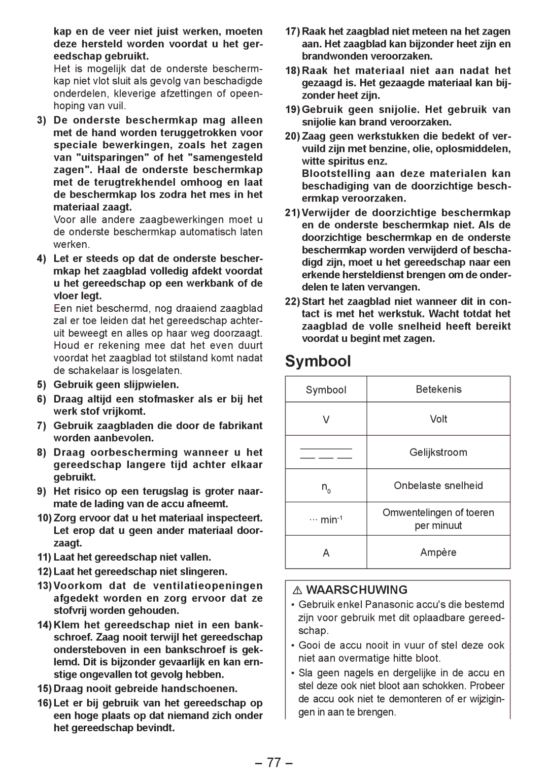 Panasonic EY4542 manual Symbool Betekenis, Gelijkstroom 