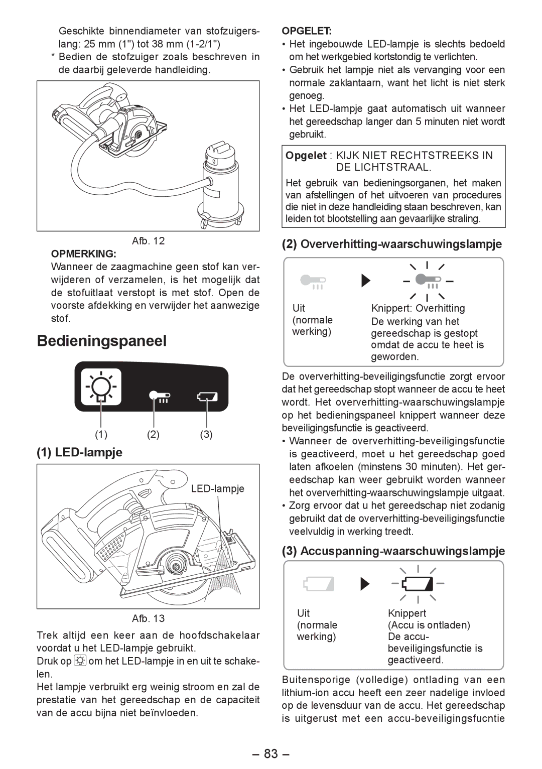 Panasonic EY4542 manual Bedieningspaneel, LED-lampje, Oververhitting-waarschuwingslampje, Accuspanning-waarschuwingslampje 