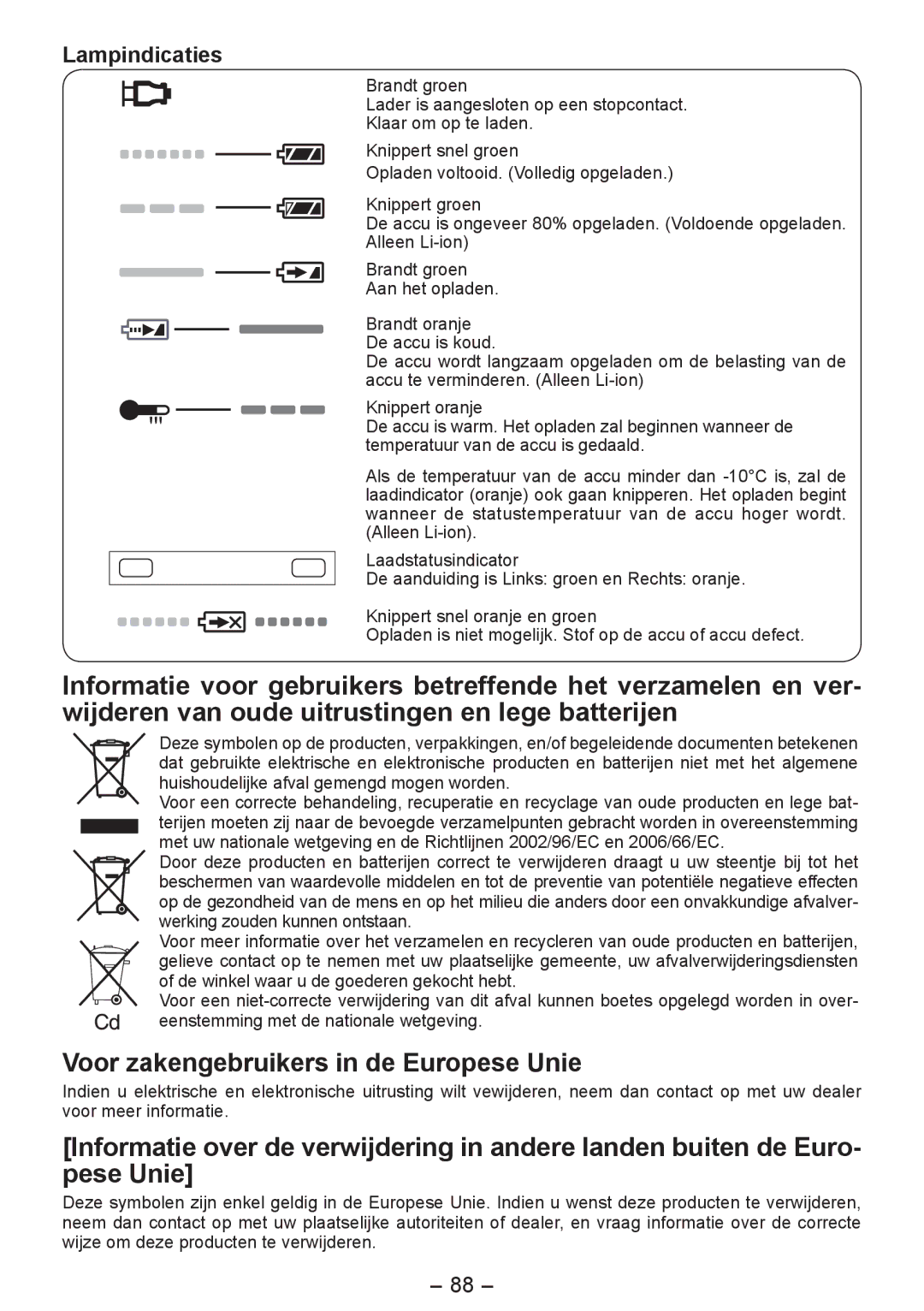 Panasonic EY4542 manual Voor zakengebruikers in de Europese Unie, Lampindicaties 