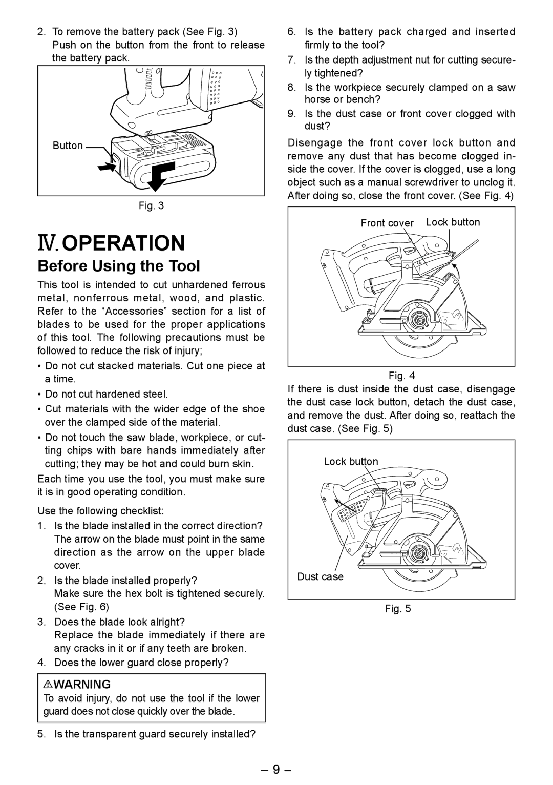 Panasonic EY4542 manual IV. Operation, Before Using the Tool 