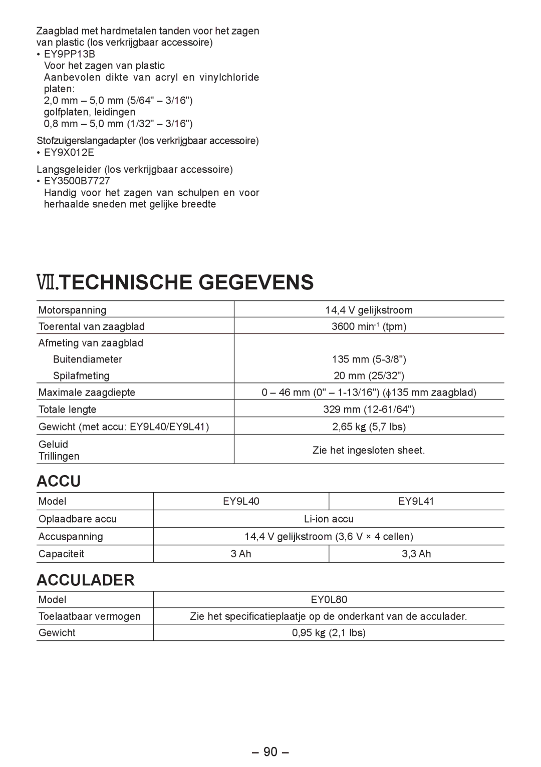 Panasonic EY4542 manual VII.TECHNISCHE Gegevens 