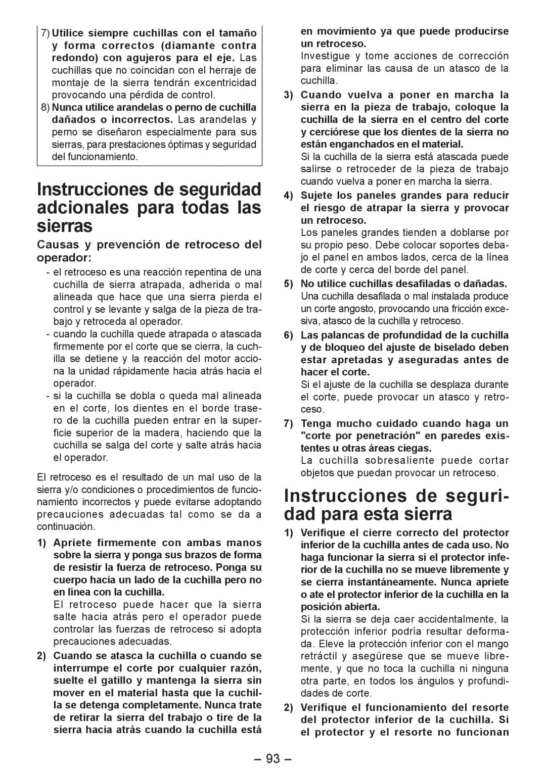 Panasonic EY4542 manual Instrucciones de seguri- dad para esta sierra, Causas y prevención de retroceso del operador 