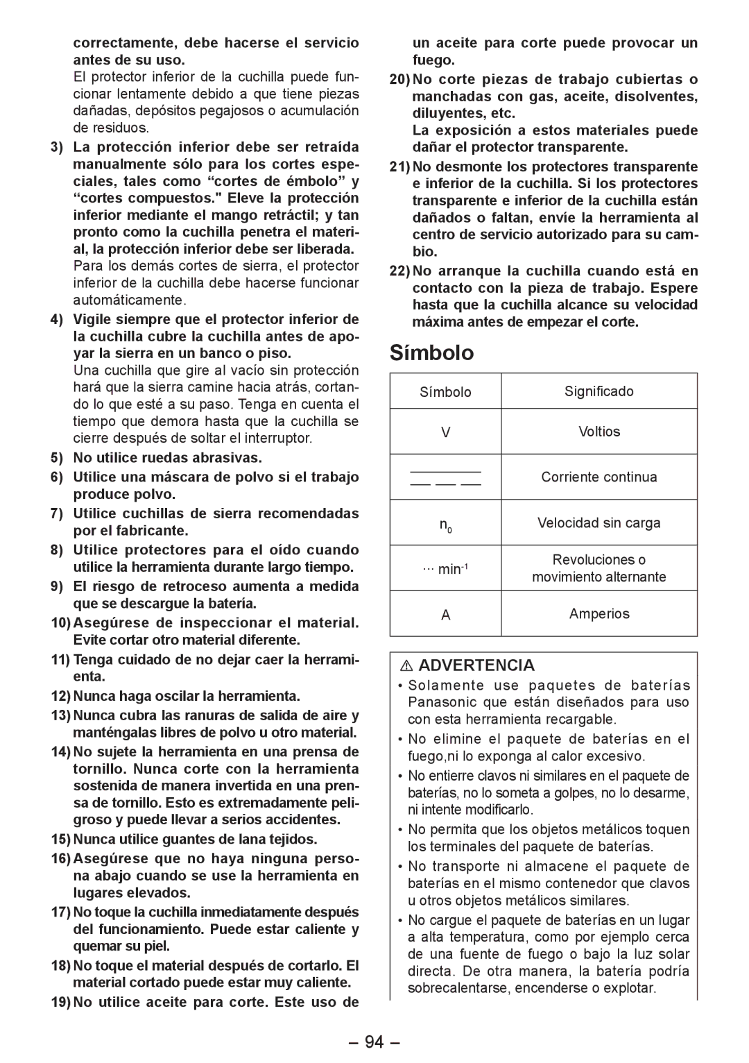 Panasonic EY4542 manual Símbolo, Correctamente, debe hacerse el servicio antes de su uso, Amperios 