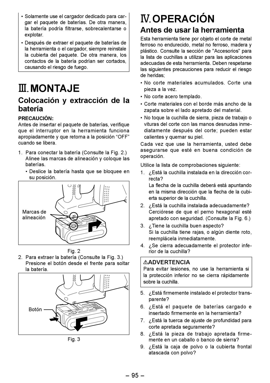 Panasonic EY4542 manual III. Montaje, IV. Operación, Colocación y extracción de la batería, Antes de usar la herramienta 