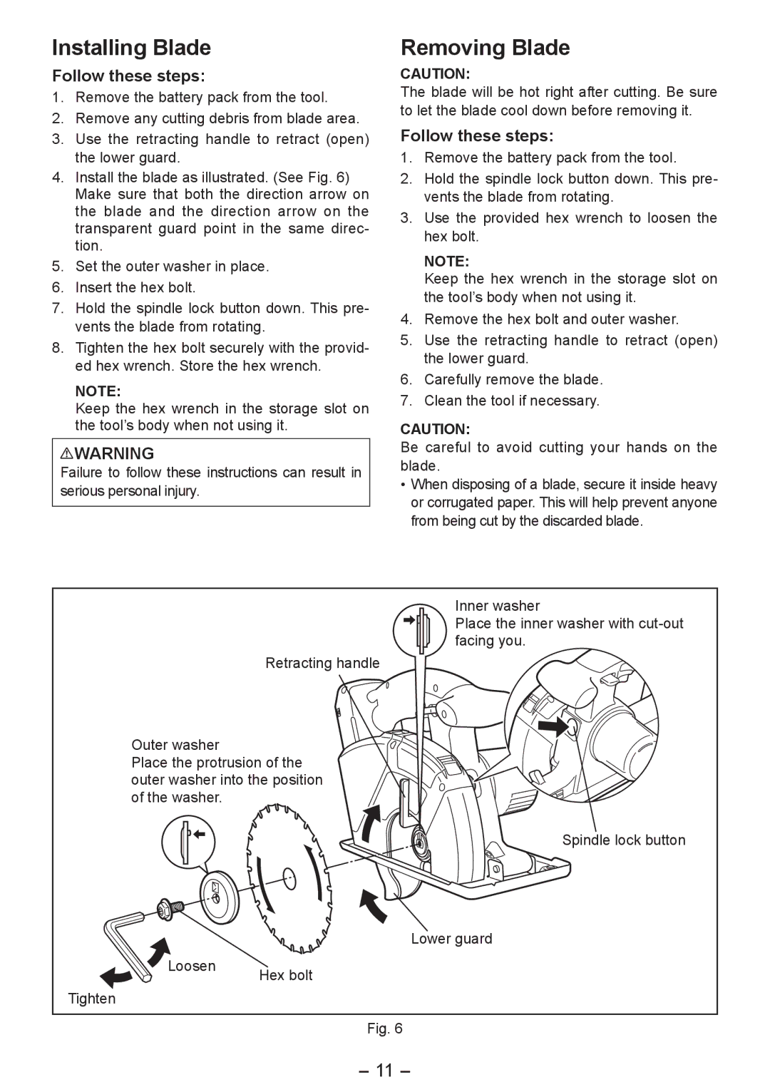 Panasonic EY4542 operating instructions Installing Blade, Removing Blade, Follow these steps 