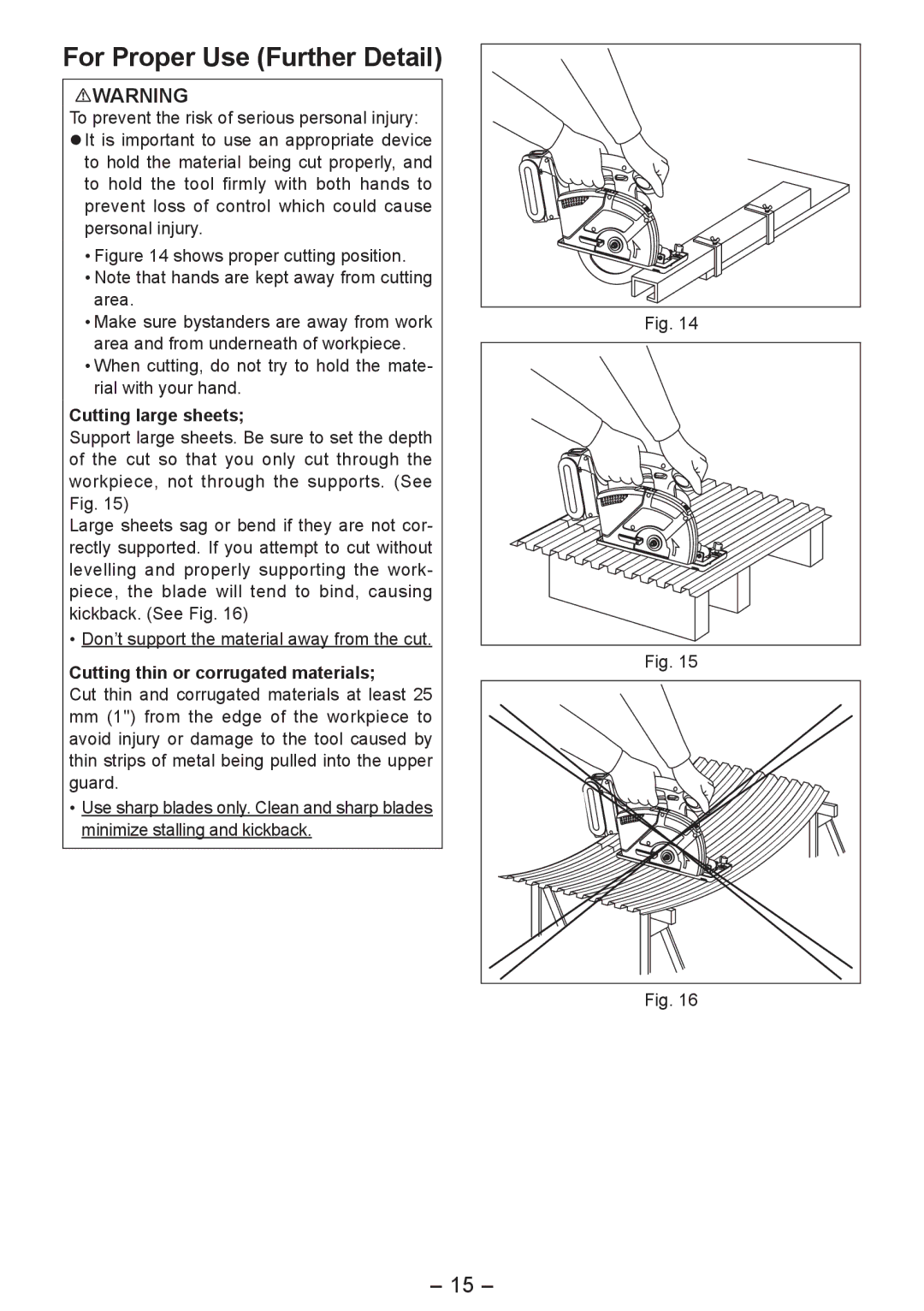 Panasonic EY4542 For Proper Use Further Detail, Cutting large sheets, Cutting thin or corrugated materials 