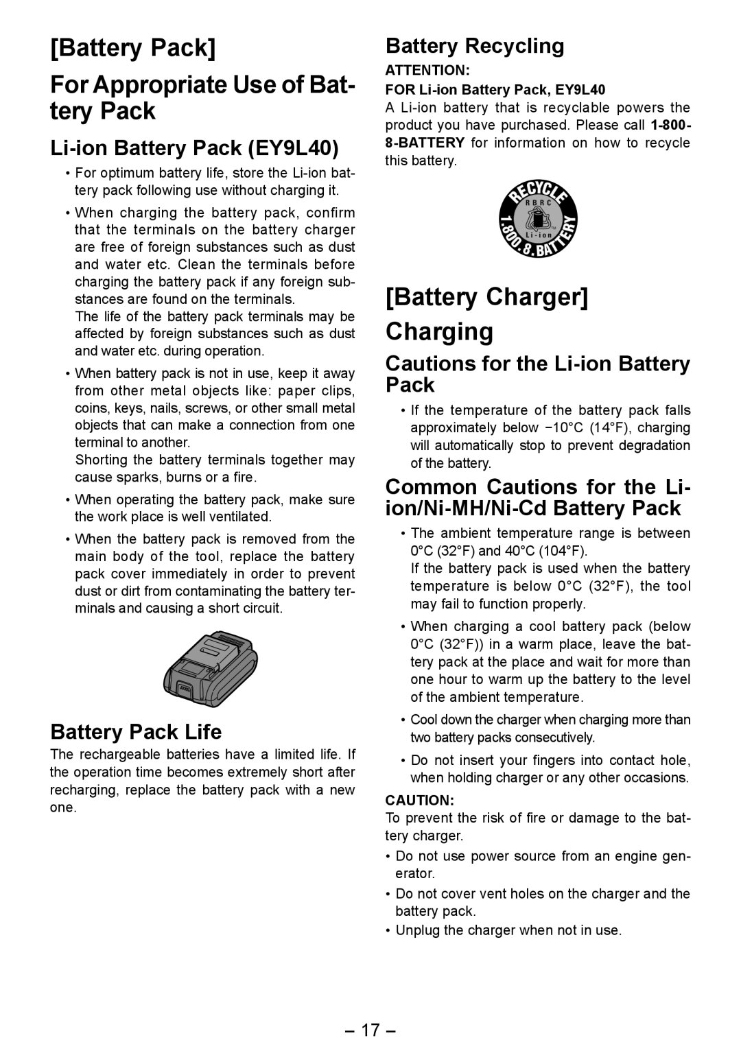 Panasonic EY4542 Li-ion Battery Pack EY9L40, Battery Pack Life, Battery Recycling, For Li-ion Battery Pack, EY9L40 