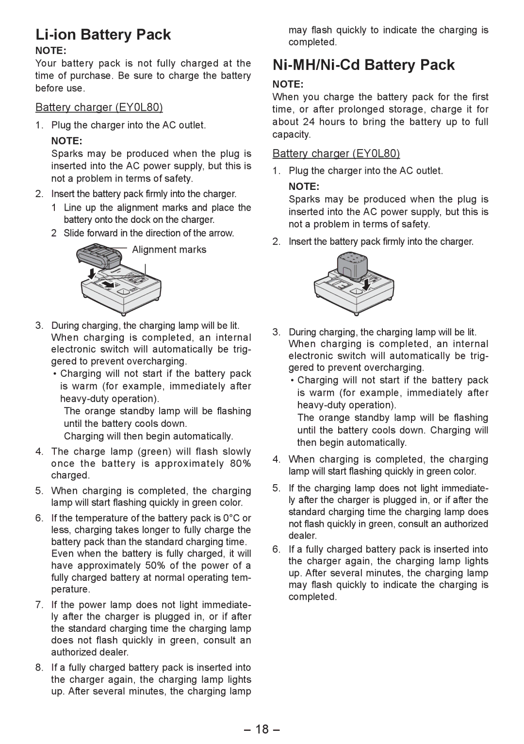 Panasonic EY4542 Li-ion Battery Pack, Ni-MH/Ni-Cd Battery Pack, May flash quickly to indicate the charging is completed 