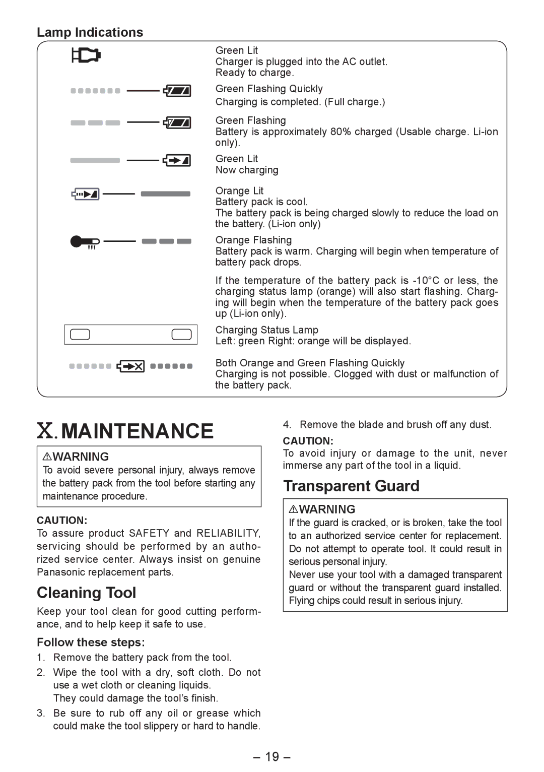 Panasonic EY4542 operating instructions Maintenance, Transparent Guard, Cleaning Tool, Lamp Indications 