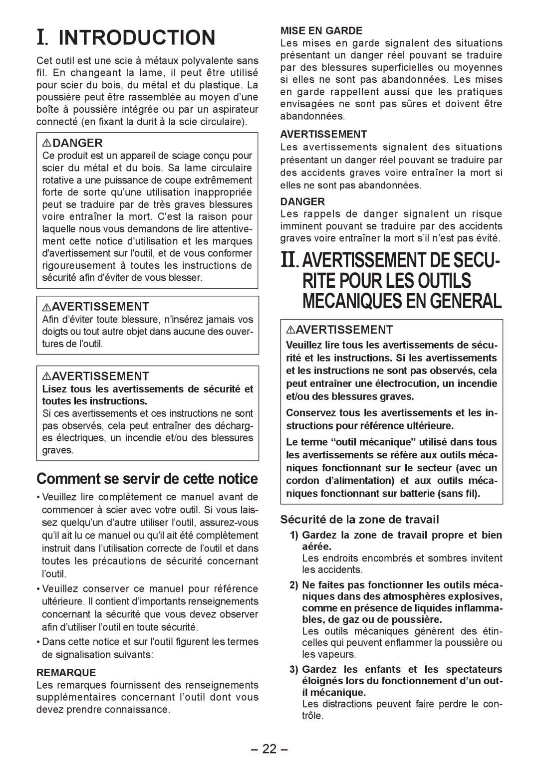 Panasonic EY4542 operating instructions Sécurité de la zone de travail, Gardez la zone de travail propre et bien aérée 