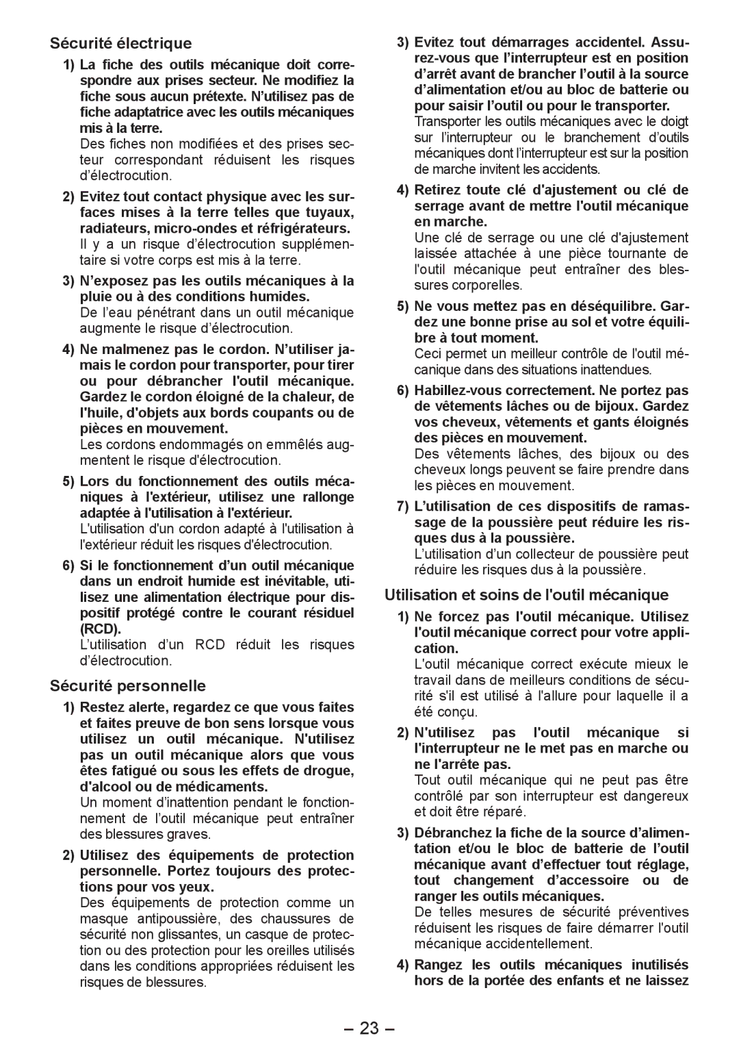 Panasonic EY4542 operating instructions Sécurité électrique, Sécurité personnelle, Utilisation et soins de loutil mécanique 