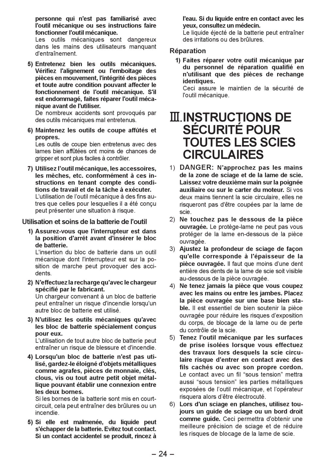 Panasonic EY4542 operating instructions Utilisation et soins de la batterie de loutil, Réparation 