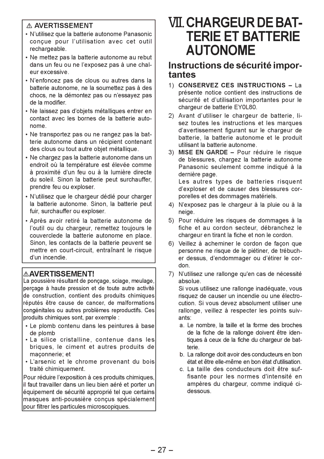 Panasonic EY4542 operating instructions Instructions de sécurité impor­ tantes, Avertissement 