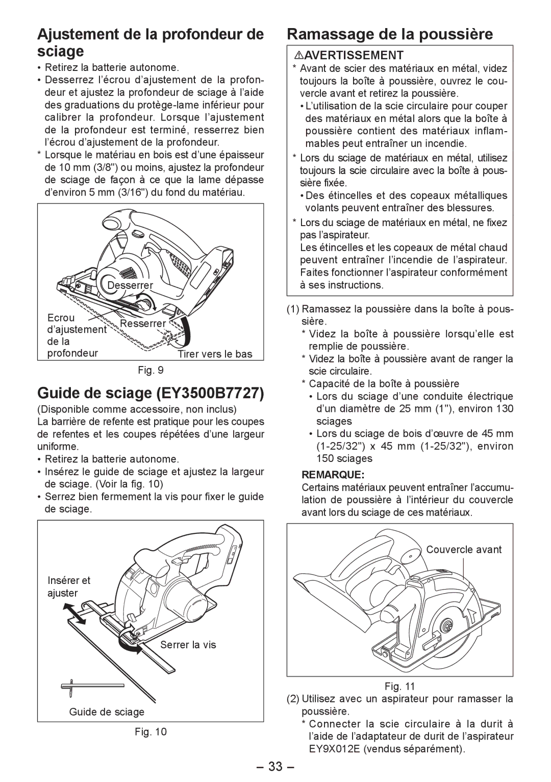 Panasonic EY4542 Ajustement de la profondeur de sciage, Guide de sciage EY3500B7727, Ramassage de la poussière 