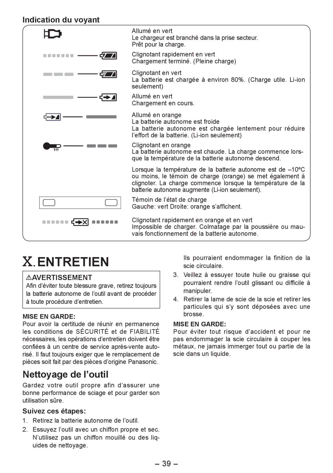 Panasonic EY4542 operating instructions Entretien, Nettoyage de l’outil, Indication du voyant 