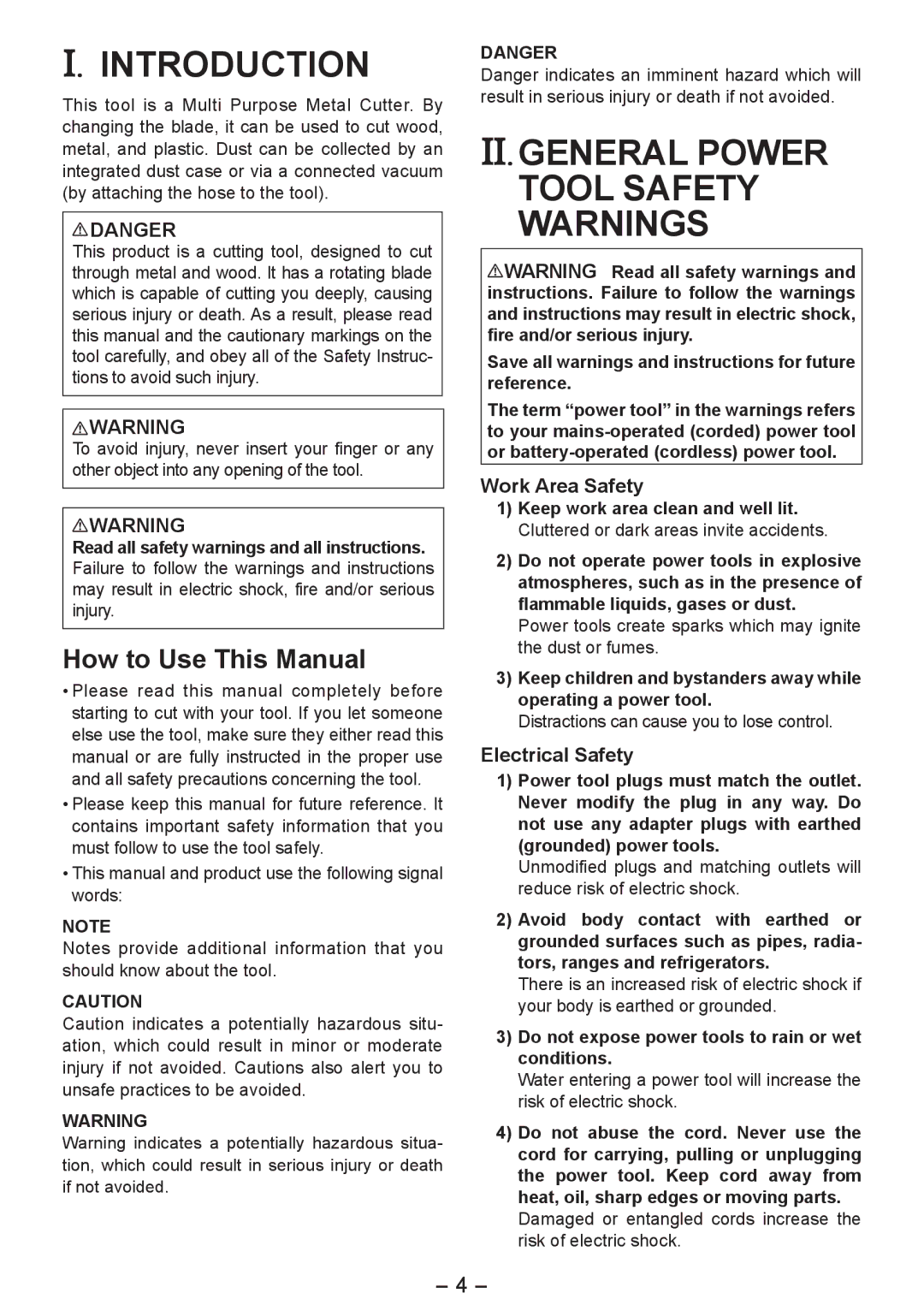 Panasonic EY4542 Introduction, II. General Power Tool Safety Warnings, How to Use This Manual, Work Area Safety 