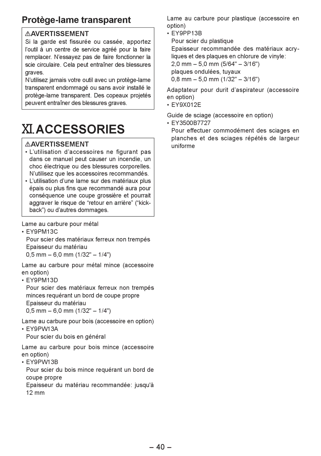 Panasonic EY4542 operating instructions Xi.Accessories, Protège-lame transparent 